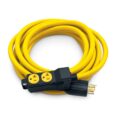 a yellow extension cord with two plugs.