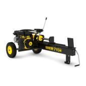 A yellow and black log splitter on a white background.