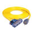 a yellow extension cord with two plugs.