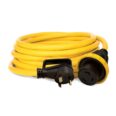 a yellow extension cord with two black plugs.