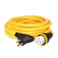 a yellow extension cord with two black plugs.