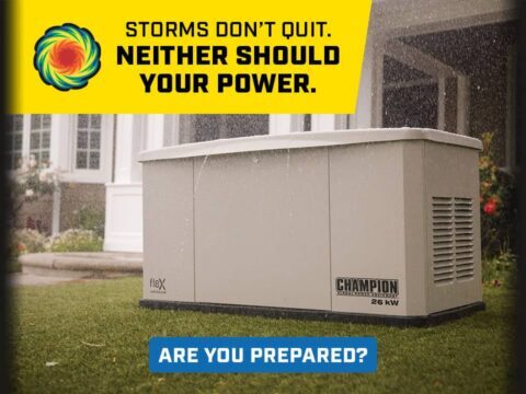 A Champion home standby generator with rain falling on it with text that says, 