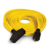 a yellow extension cord with two black plugs.