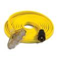 a yellow extension cord with two plugs.