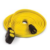 a yellow extension cord with two black plugs.