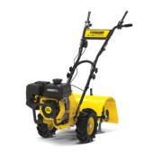 a small yellow tractor with a black handle.