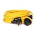 a yellow extension cord with two black plugs.