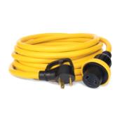 a yellow extension cord with two black plugs.