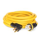 a yellow extension cord with two black plugs.