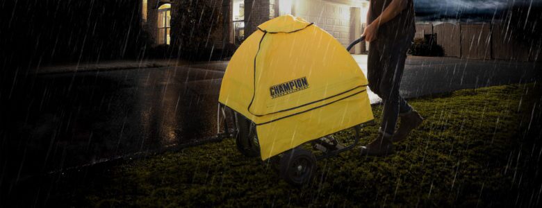 a man pushing a yellow cart in the rain.