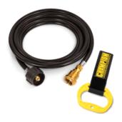 a black hose with a yellow hose hook.