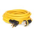 a yellow extension cord with two black plugs.
