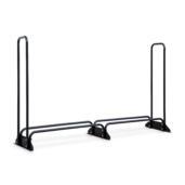 a black metal shelf with a glass top.