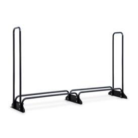 a black metal shelf with a glass top.