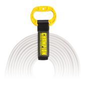 a white extension cord with a yellow hook.