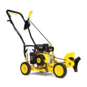 a yellow lawn mower on a white background.