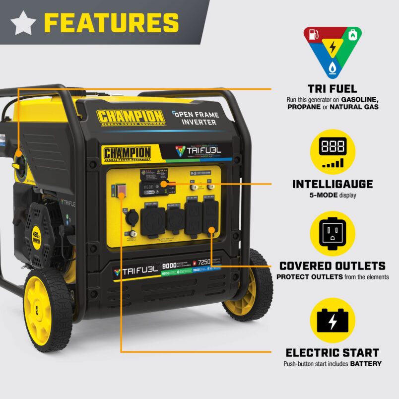 9000W Electric Start Tri Fuel Open Frame Inverter with CO Shield
