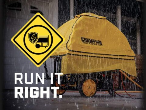 A Champion Storm Shield over a portable generator protecting it from the falling rain in front of a house with the words 