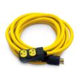 a yellow extension cord with two plugs.