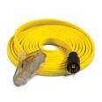 a yellow extension cord with two plugs.