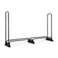 a black metal shelf with a glass top.