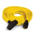 a yellow extension cord with two black plugs.
