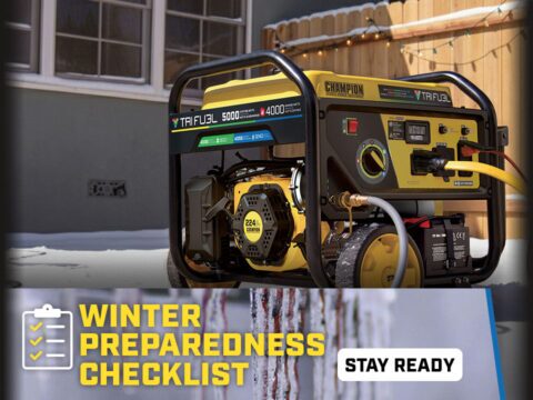 An inverter generator and power station over a football field showing that every great play starts with a Champion.